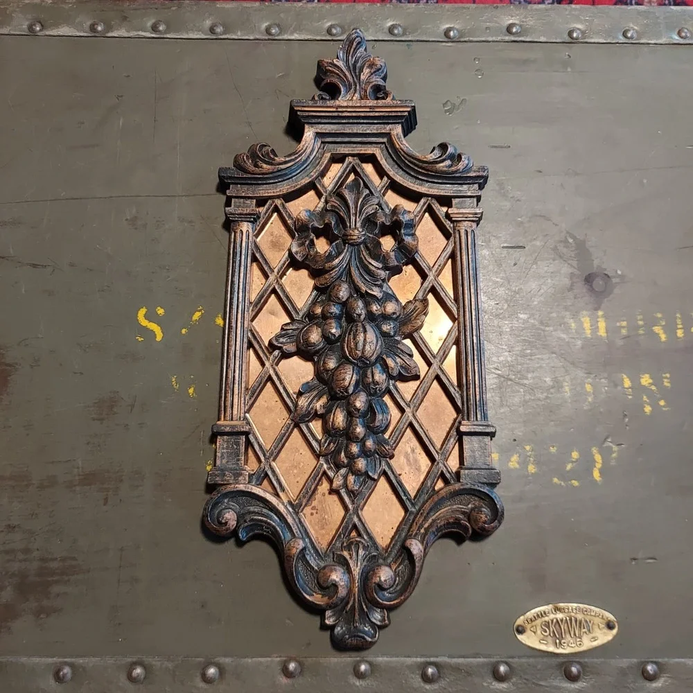Vintage Ornate Copper & Plastic Grape Harvest Wall Plaque Lattice Relief Decor